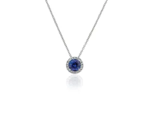 14K W Gold 0.05cttw Diamond 0.35cttw Round Blue Sapphire Halo Pendant