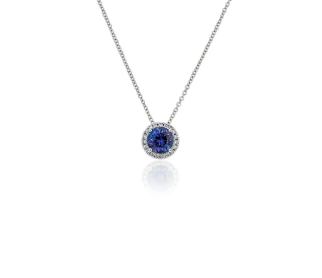 14K W Gold 0.05cttw Diamond 0.35cttw Round Blue Sapphire Halo Pendant