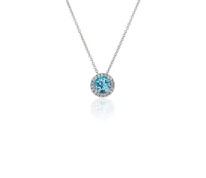 14K W Gold 0.05cttw Diamond 0.35cttw Round Blue Topaz Halo Pendant