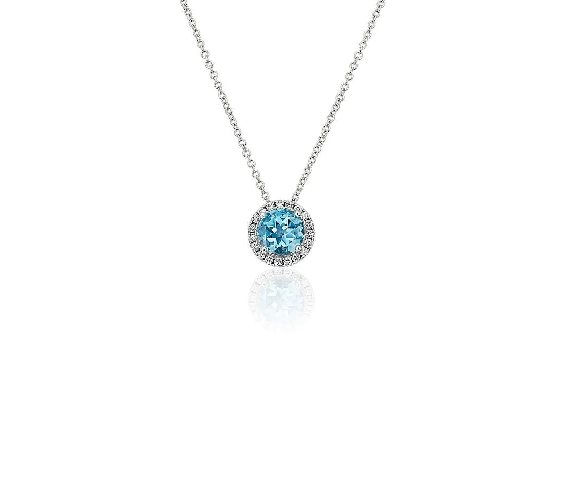 14K W Gold 0.05cttw Diamond 0.35cttw Round Blue Topaz Halo Pendant