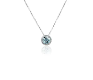 14K W Gold 0.05ctw Diamond 0.35ctw Round  Aquamarine Halo Pendant