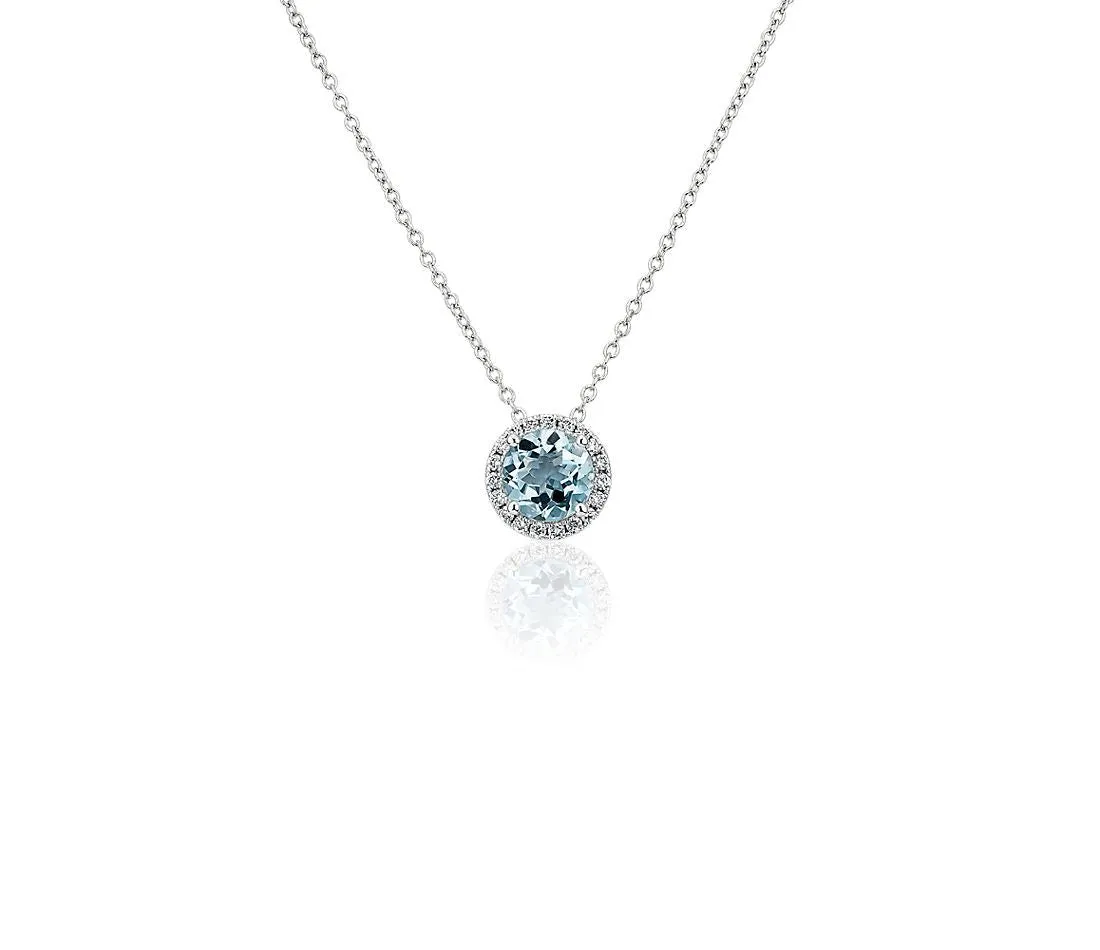 14K W Gold 0.05ctw Diamond 0.35ctw Round  Aquamarine Halo Pendant