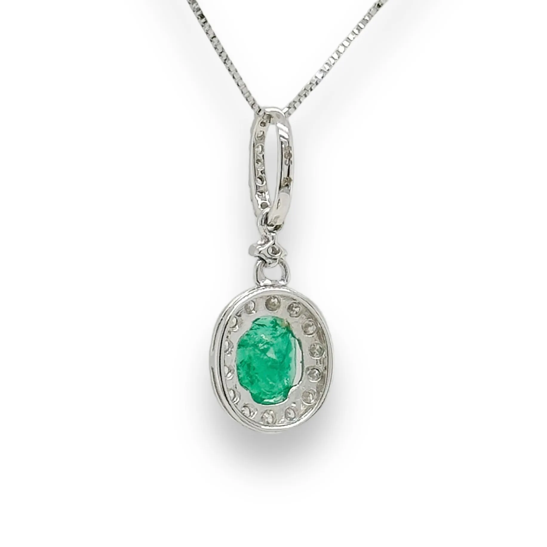 14K W Gold 0.66ct Oval Emerald & .26ctw H/SI1-2 Diamond Halo Pendant