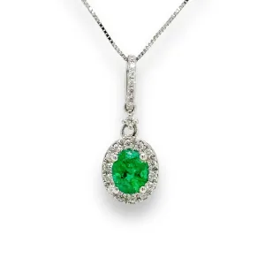 14K W Gold 0.66ct Oval Emerald & .26ctw H/SI1-2 Diamond Halo Pendant