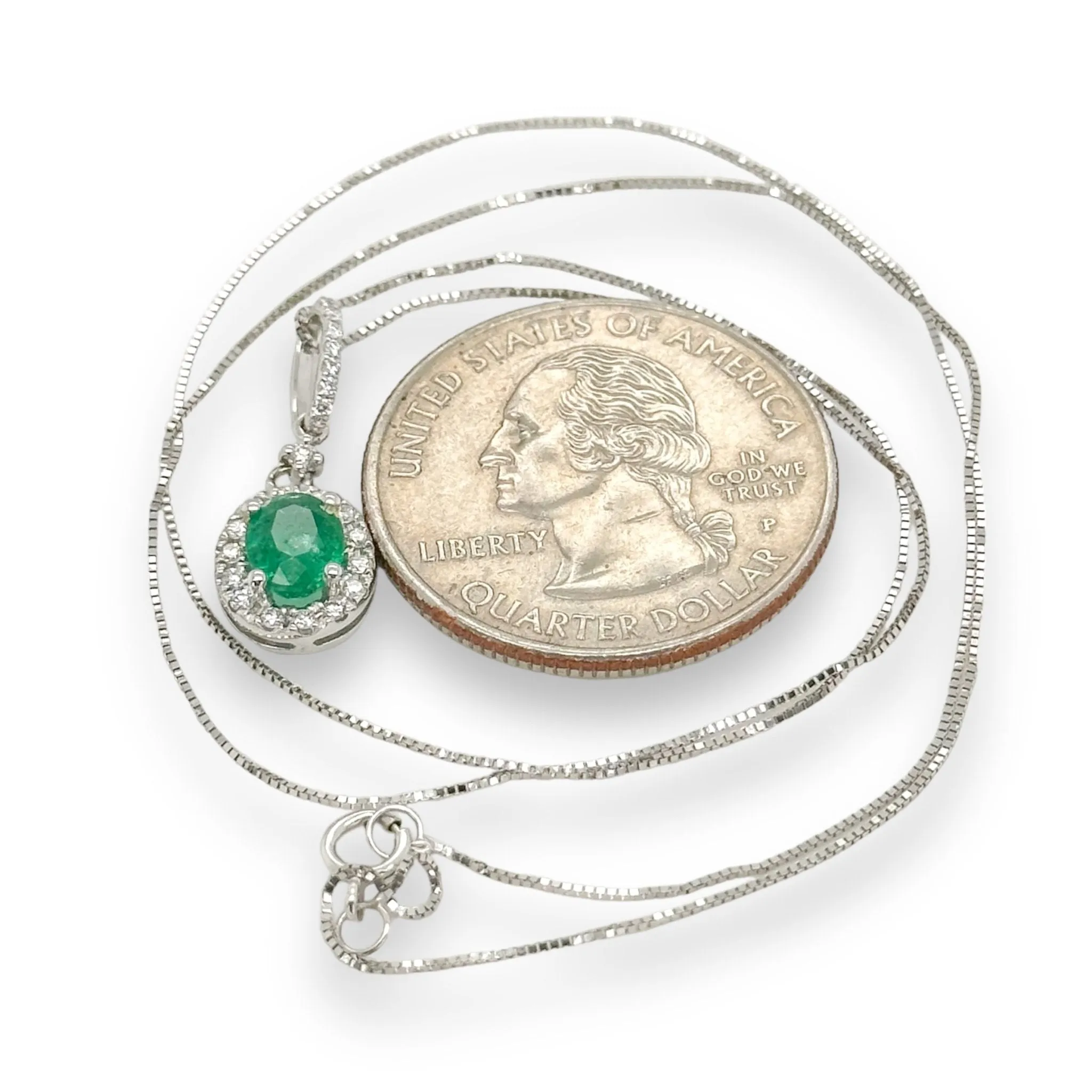 14K W Gold 0.66ct Oval Emerald & .26ctw H/SI1-2 Diamond Halo Pendant