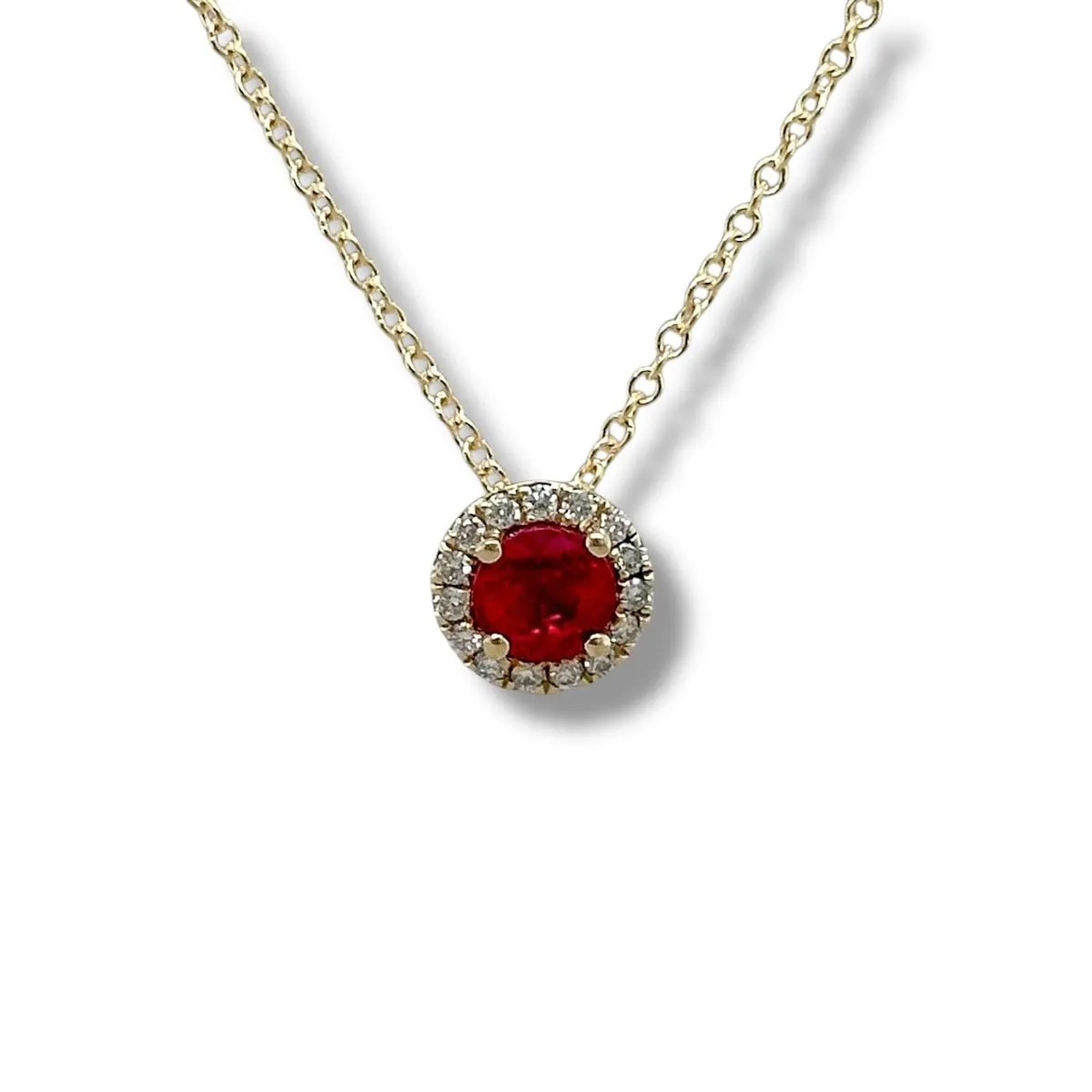 14K Y Gold 0.10ctw G/SI1 Diamond and 0.66ctw Ruby Halo Pendant