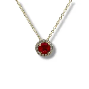 14K Y Gold 0.10ctw G/SI1 Diamond and 0.66ctw Ruby Halo Pendant