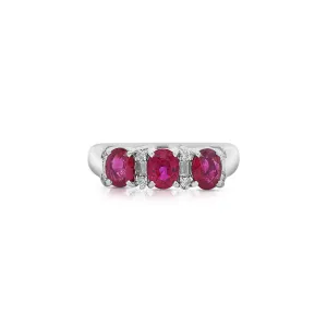 1.67 Carat Oval Cut Ruby and Diamond Three-Stone Band Ring