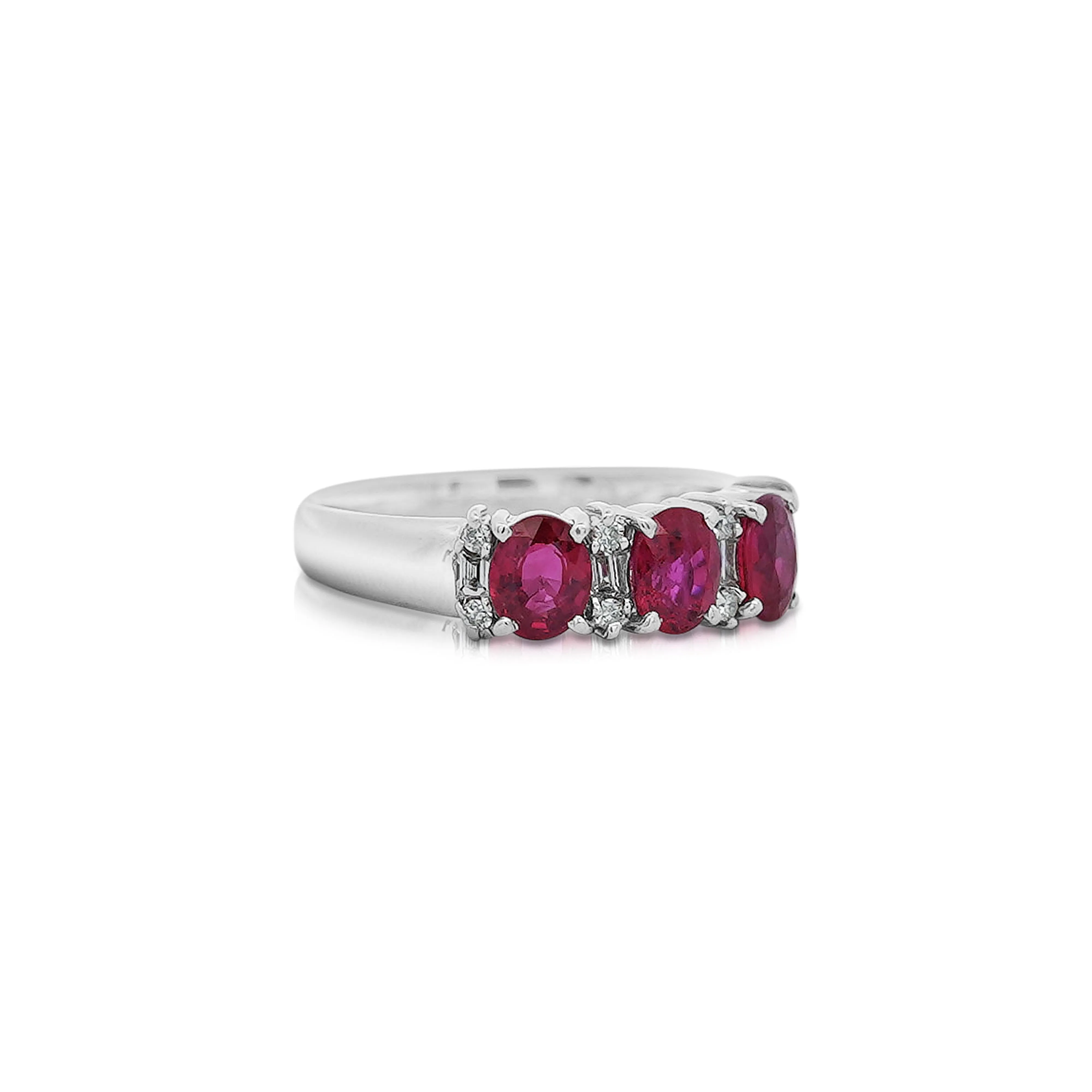 1.67 Carat Oval Cut Ruby and Diamond Three-Stone Band Ring