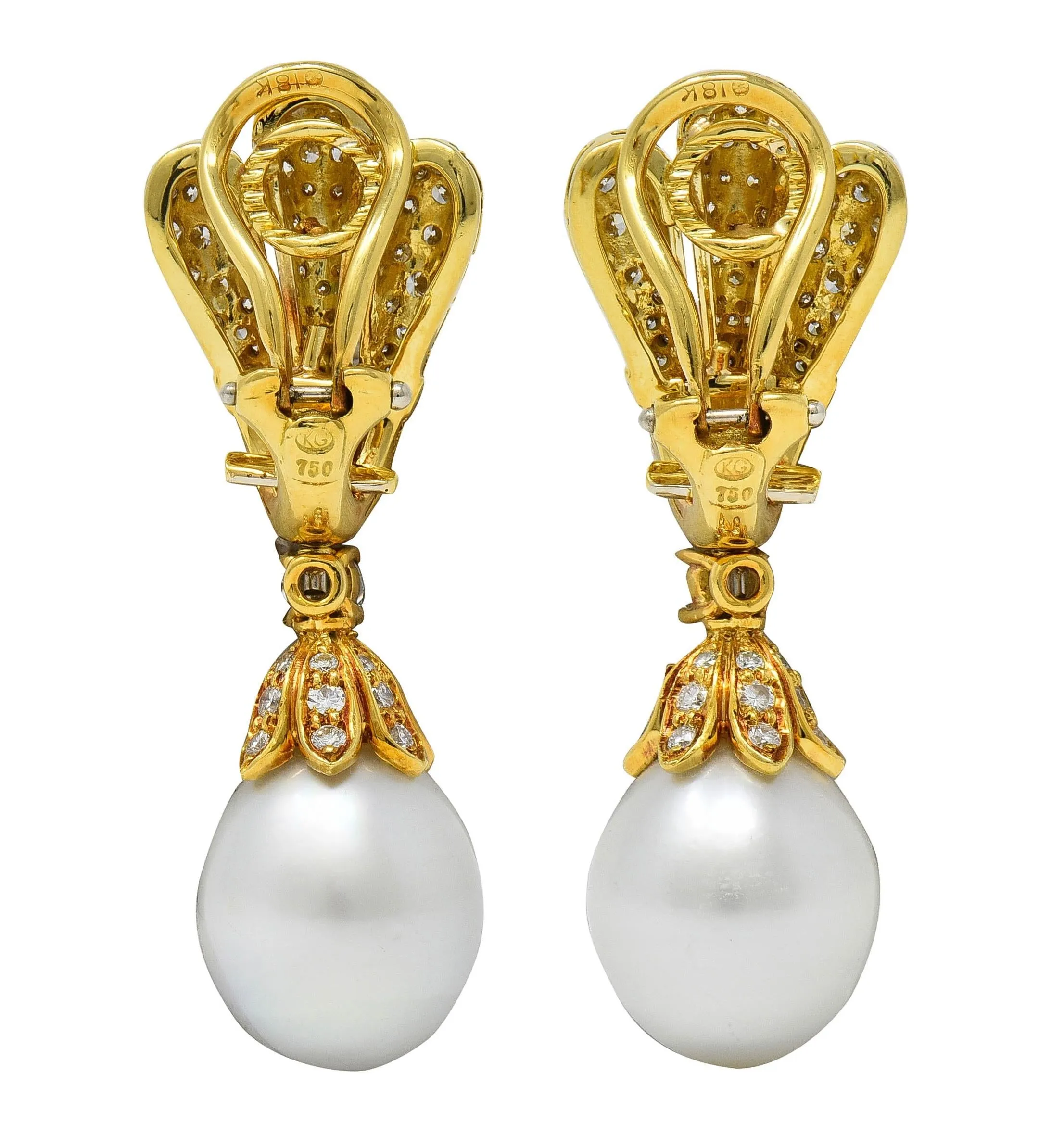 1980's Diamond South Sea Pearl 18 Karat Yellow Gold Vintage Fanning Drop Ear-Clip Earrings