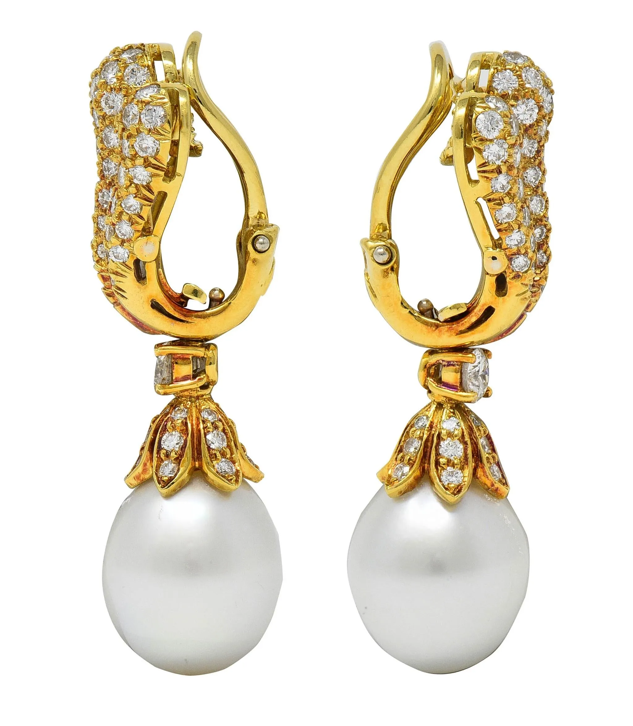 1980's Diamond South Sea Pearl 18 Karat Yellow Gold Vintage Fanning Drop Ear-Clip Earrings