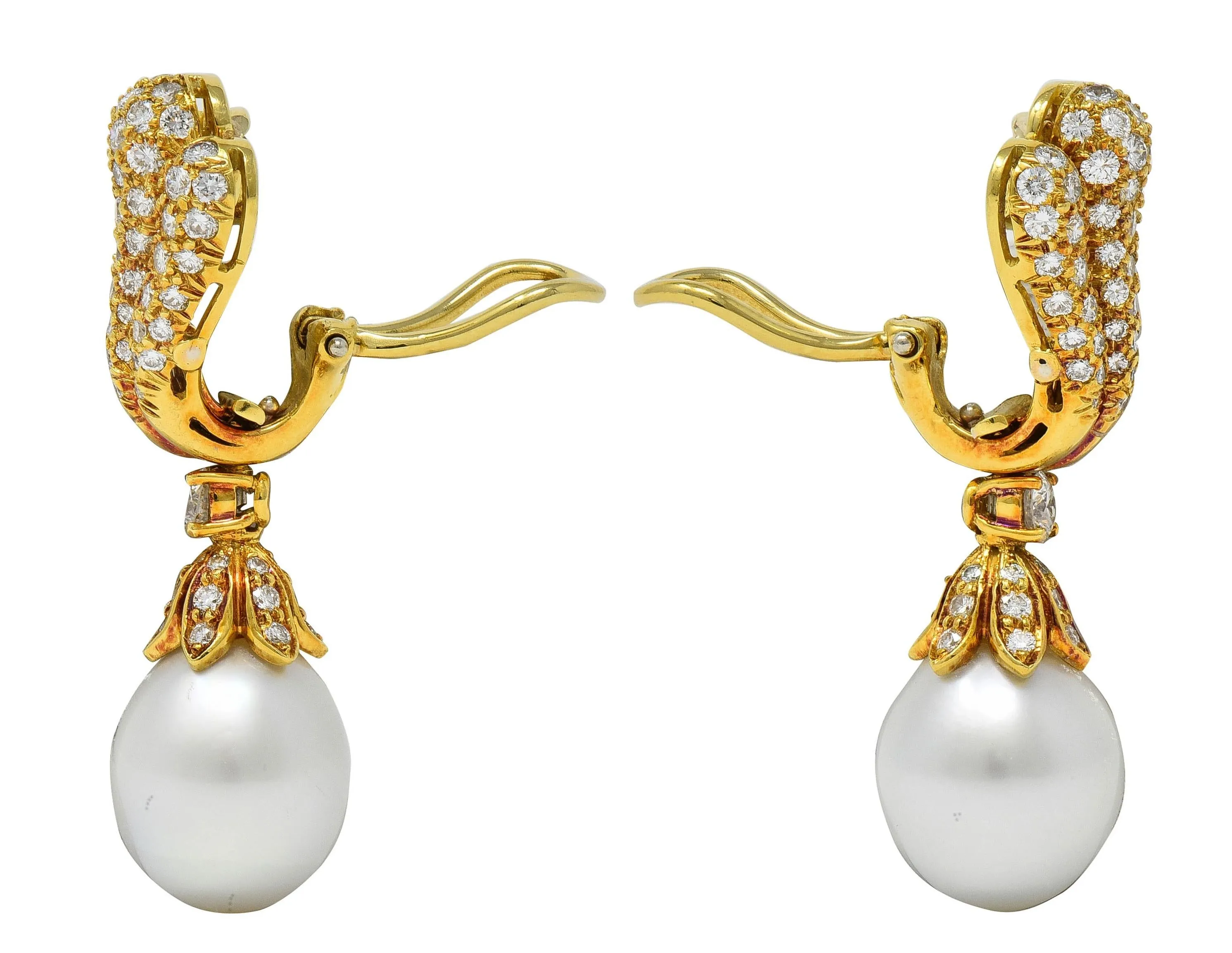 1980's Diamond South Sea Pearl 18 Karat Yellow Gold Vintage Fanning Drop Ear-Clip Earrings