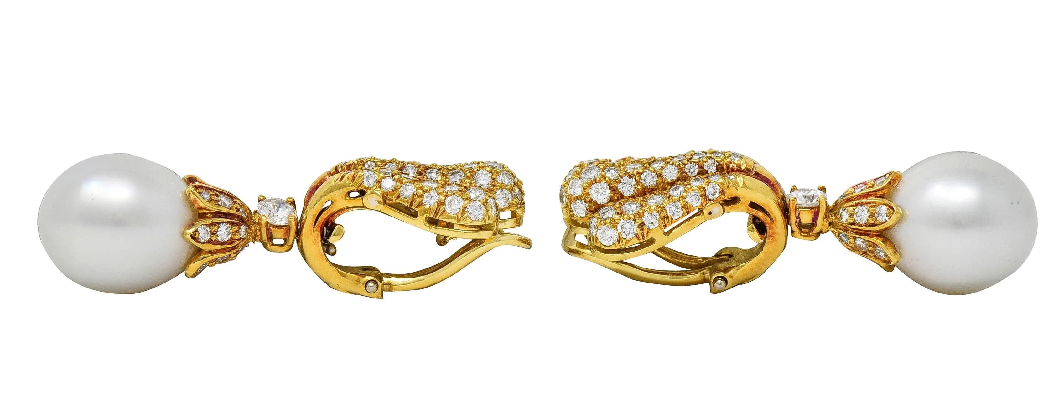 1980's Diamond South Sea Pearl 18 Karat Yellow Gold Vintage Fanning Drop Ear-Clip Earrings