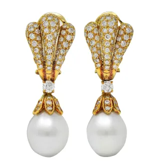 1980's Diamond South Sea Pearl 18 Karat Yellow Gold Vintage Fanning Drop Ear-Clip Earrings