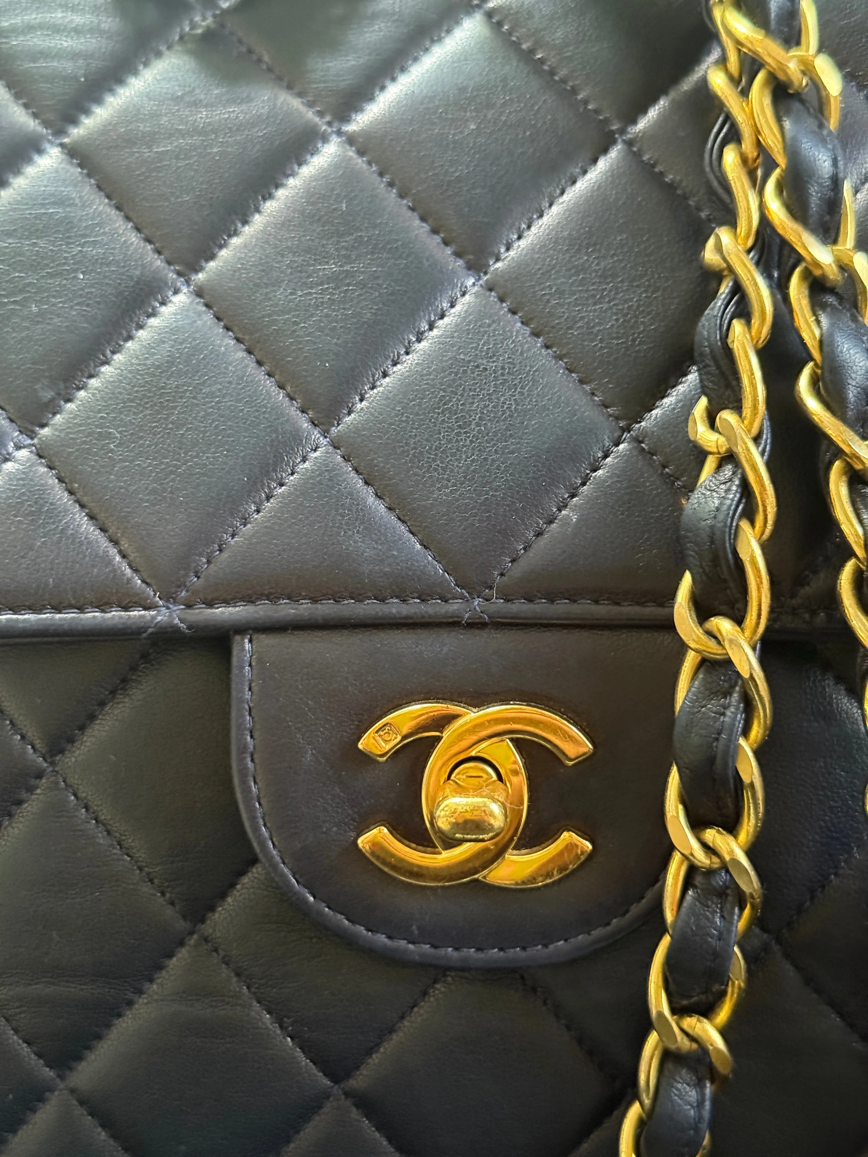 1990s Chanel Vintage Jumbo Single Flap Quilted Lambskin 24k Plated CC Logo