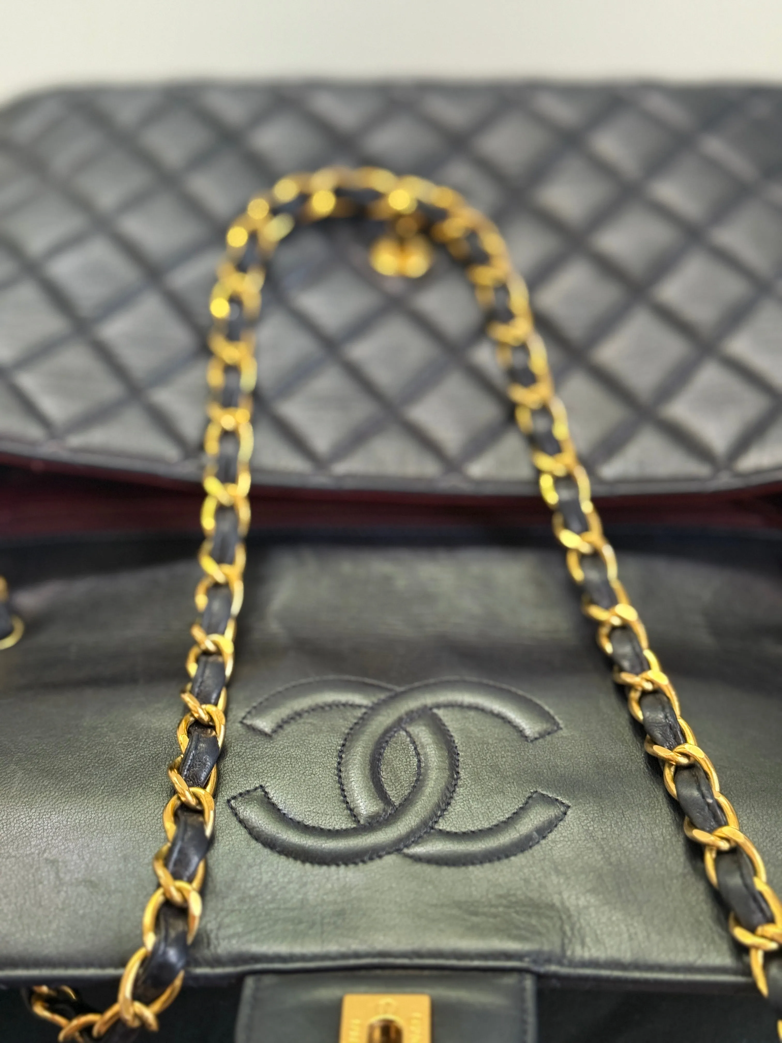 1990s Chanel Vintage Jumbo Single Flap Quilted Lambskin 24k Plated CC Logo