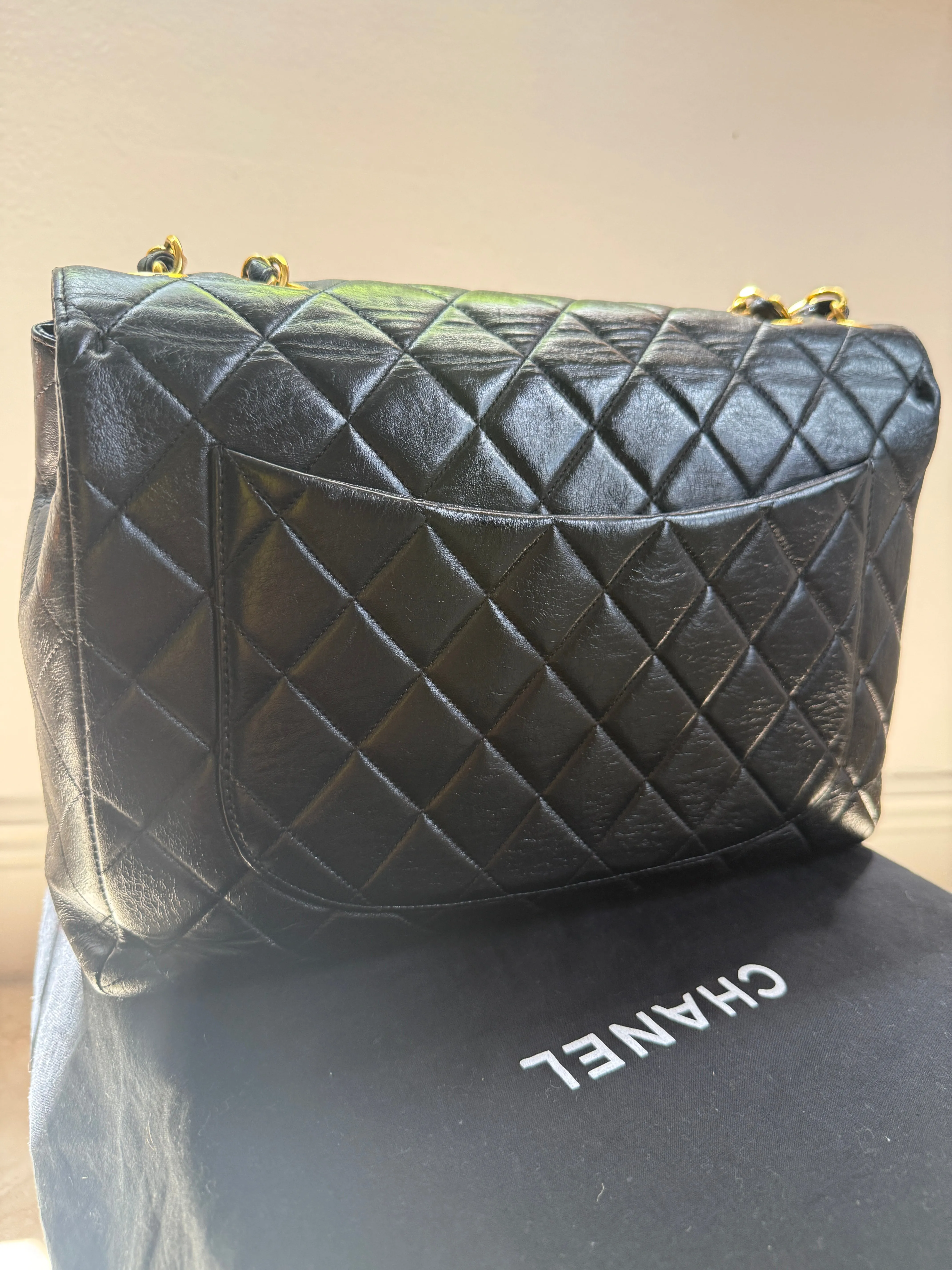 1990s Chanel Vintage Jumbo Single Flap Quilted Lambskin 24k Plated CC Logo