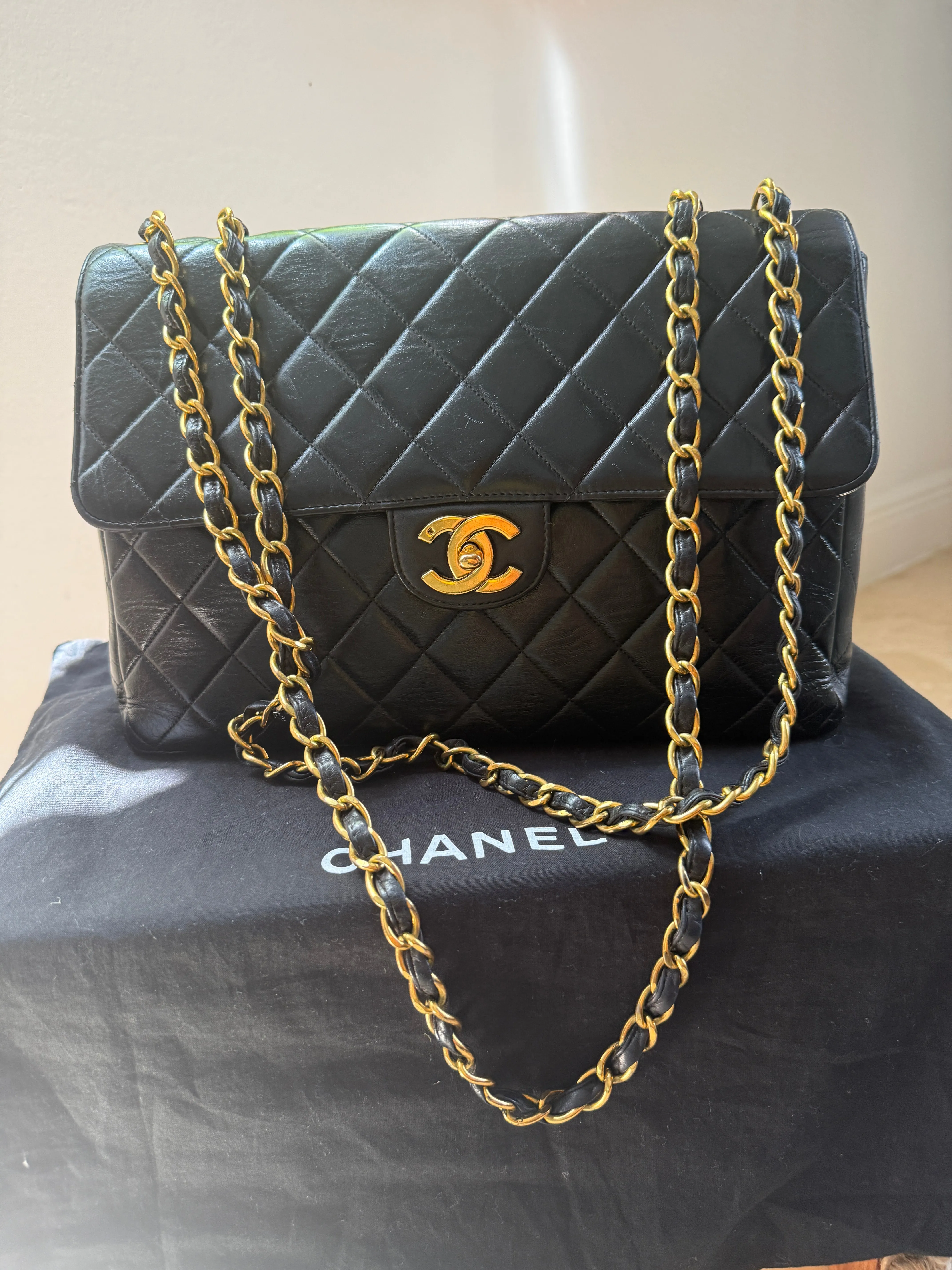 1990s Chanel Vintage Jumbo Single Flap Quilted Lambskin 24k Plated CC Logo