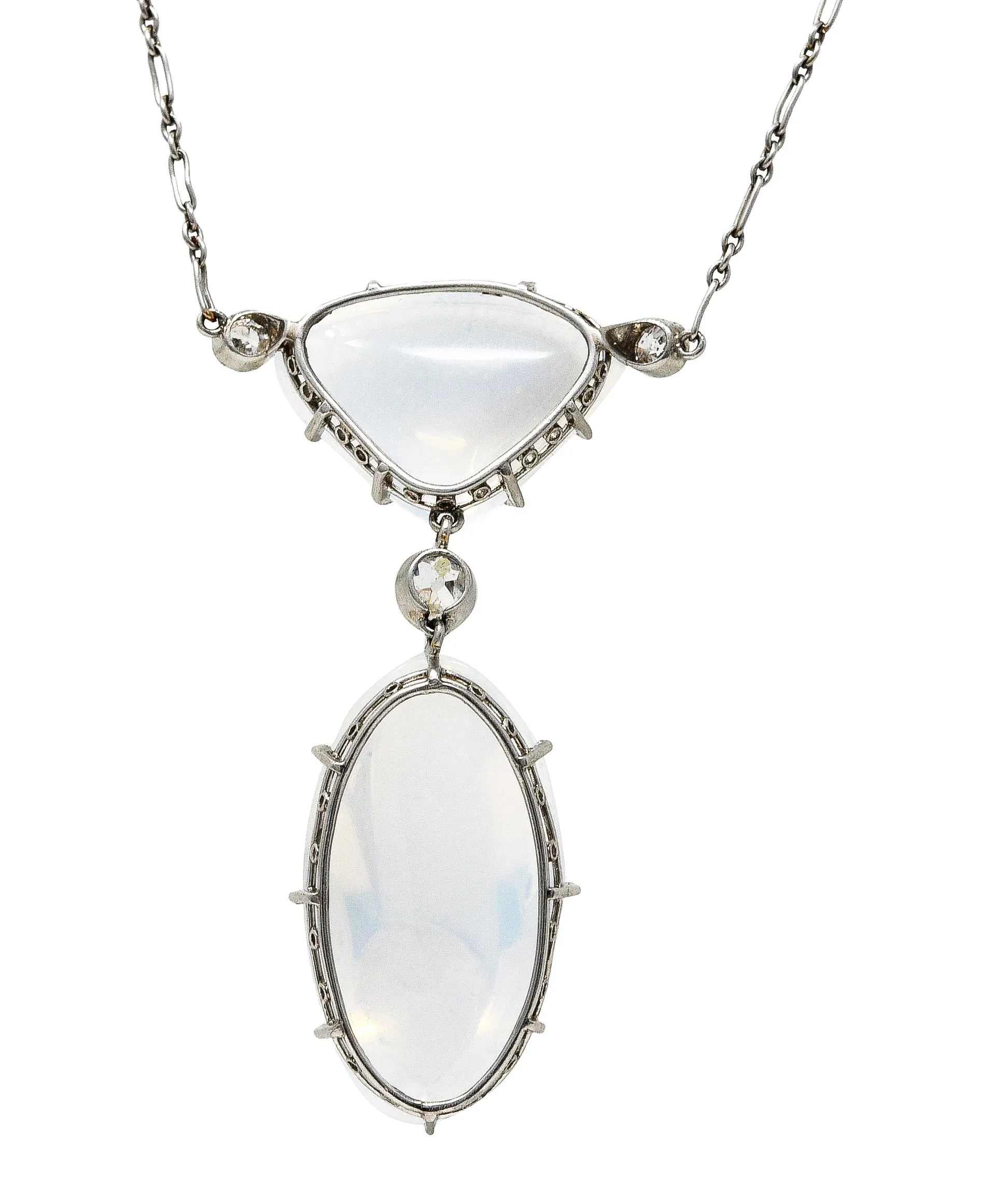 Art Deco Old Mine Diamond Moonstone Platinum Drop Antique Station Necklace