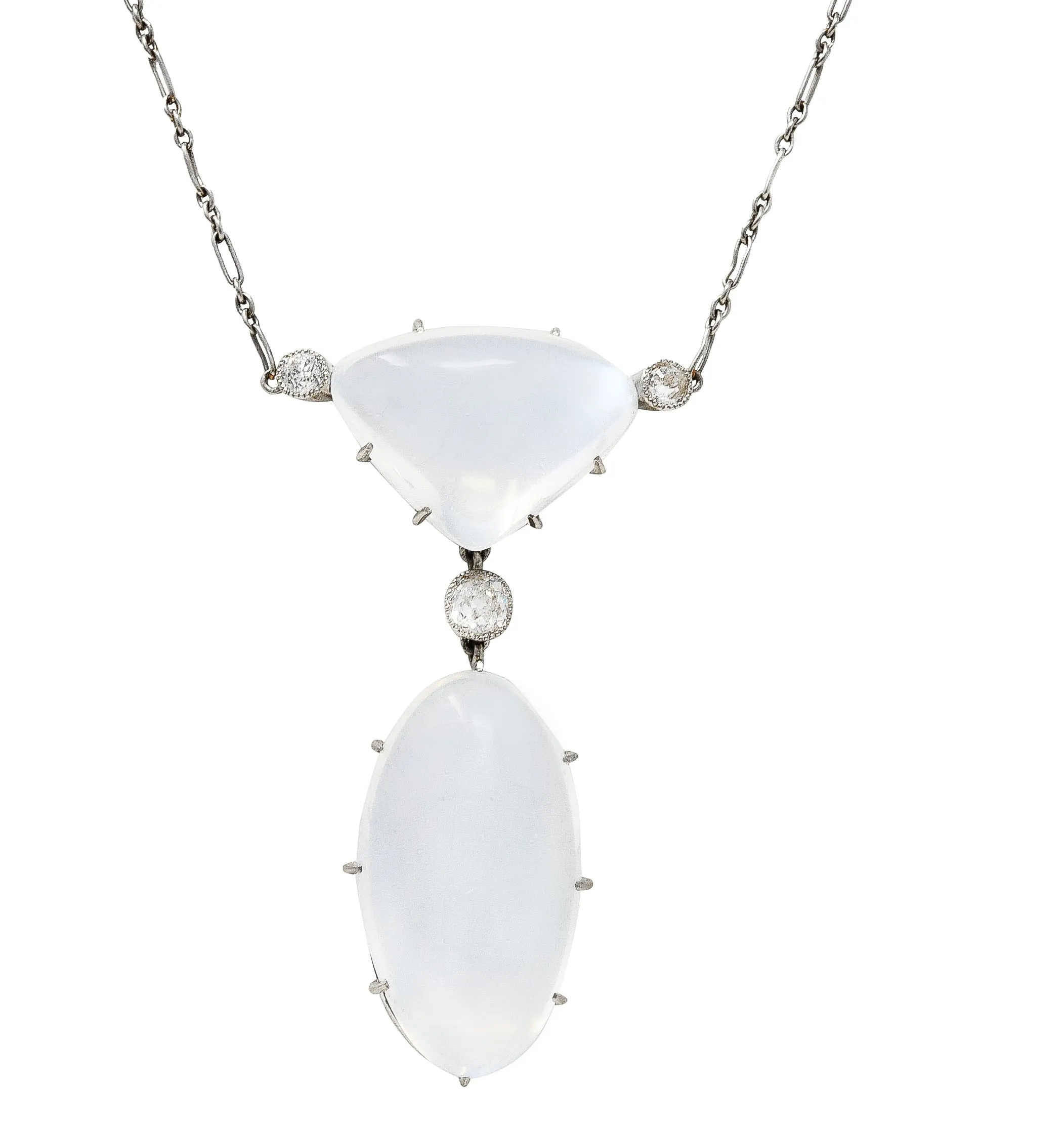 Art Deco Old Mine Diamond Moonstone Platinum Drop Antique Station Necklace