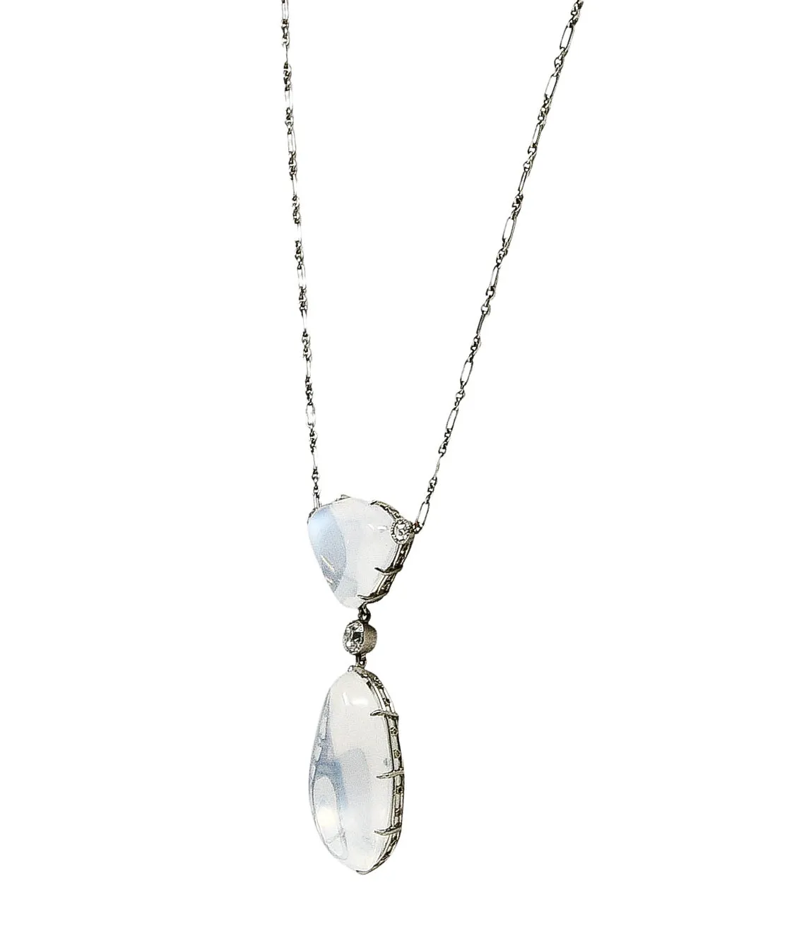 Art Deco Old Mine Diamond Moonstone Platinum Drop Antique Station Necklace