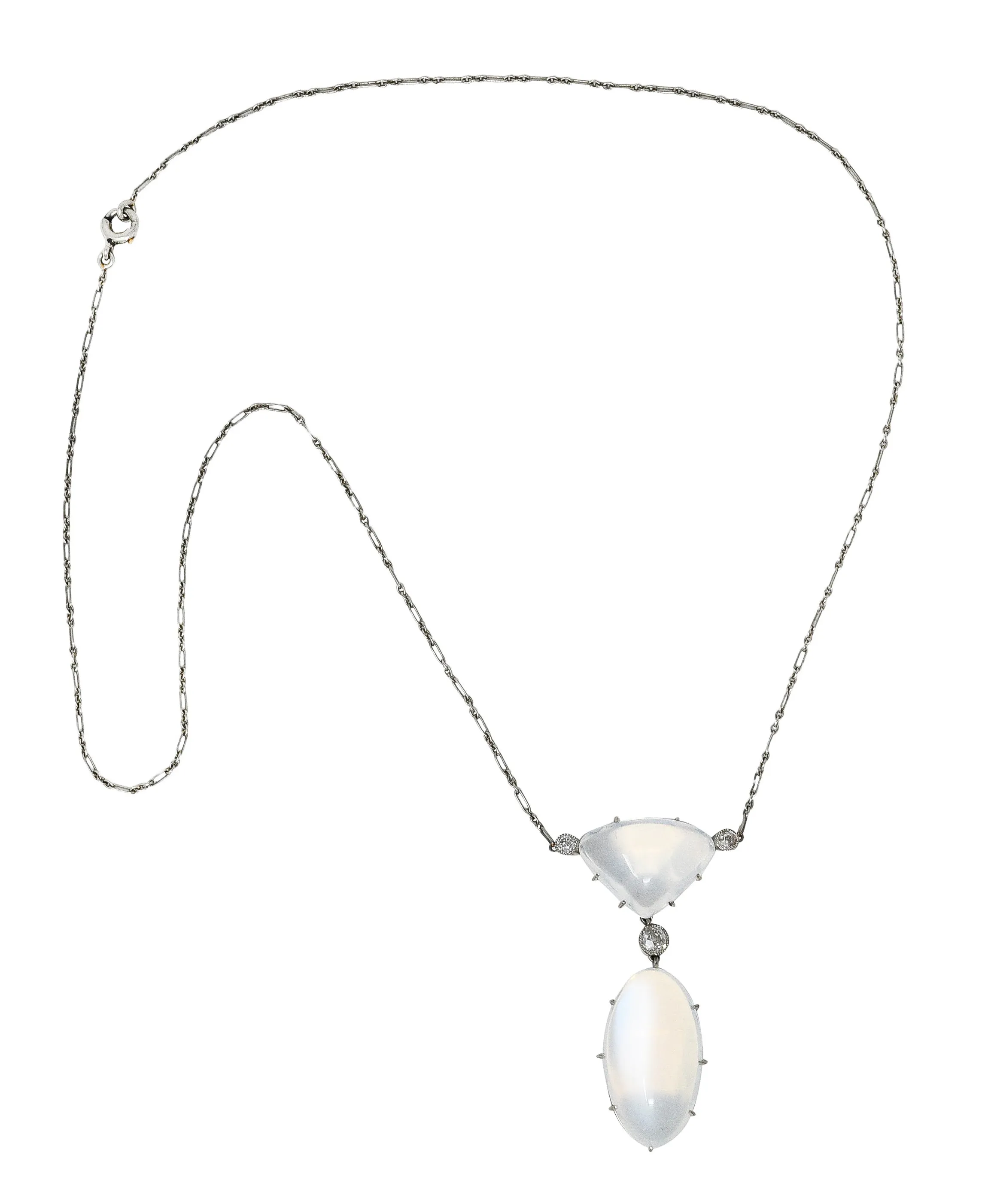 Art Deco Old Mine Diamond Moonstone Platinum Drop Antique Station Necklace