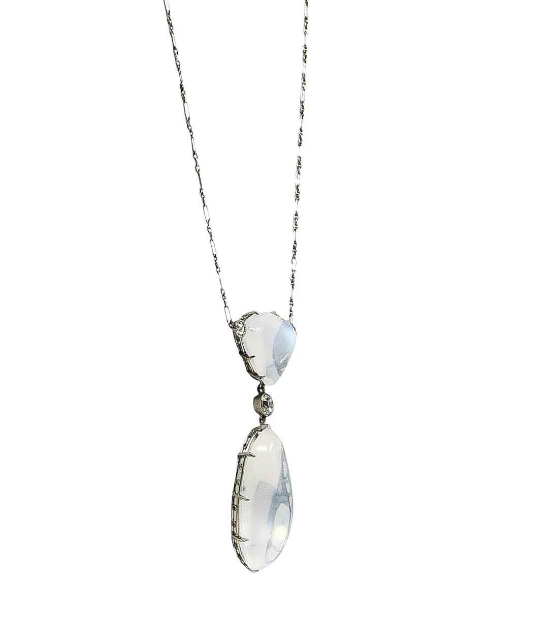 Art Deco Old Mine Diamond Moonstone Platinum Drop Antique Station Necklace
