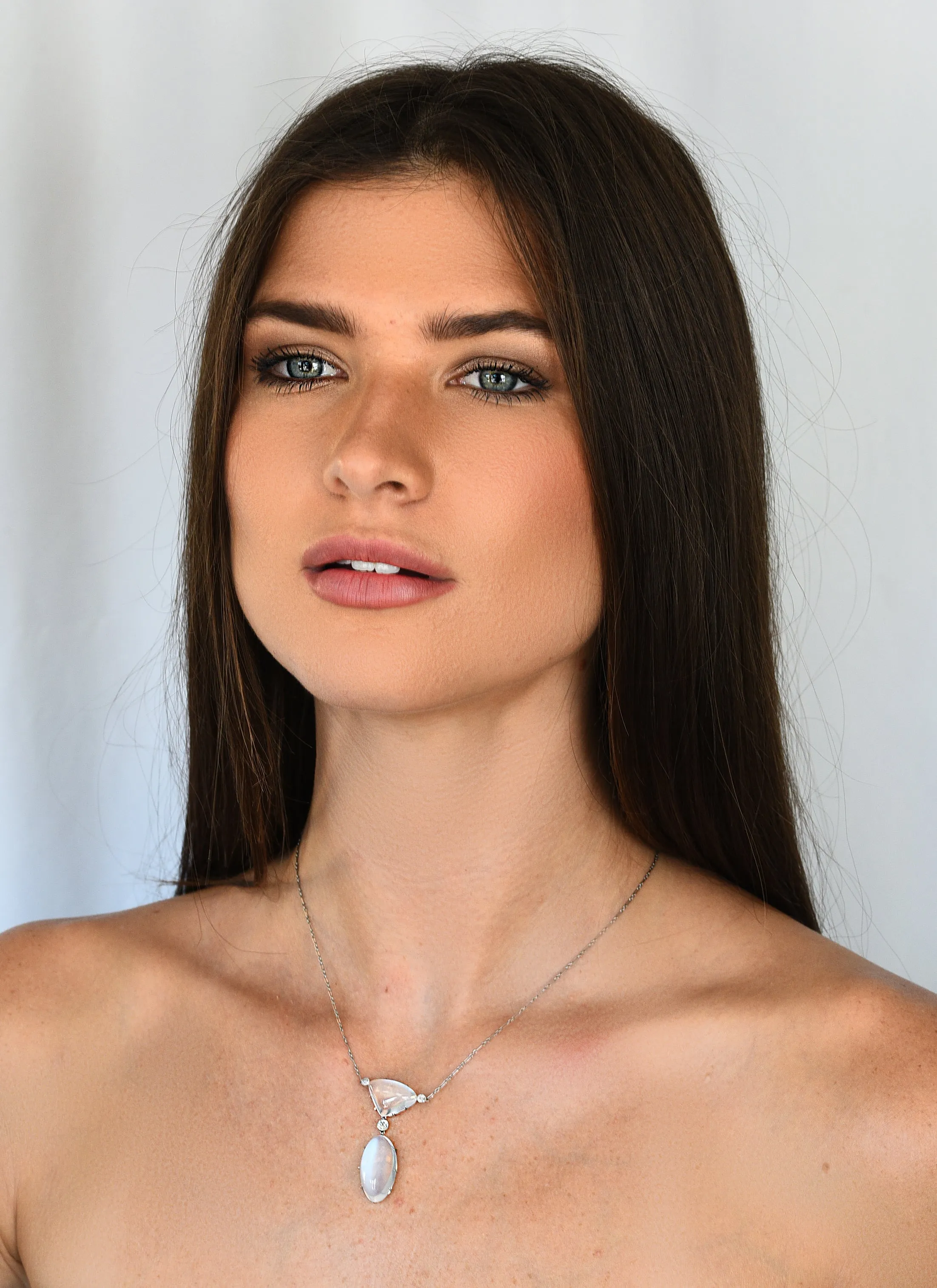 Art Deco Old Mine Diamond Moonstone Platinum Drop Antique Station Necklace