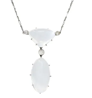 Art Deco Old Mine Diamond Moonstone Platinum Drop Antique Station Necklace