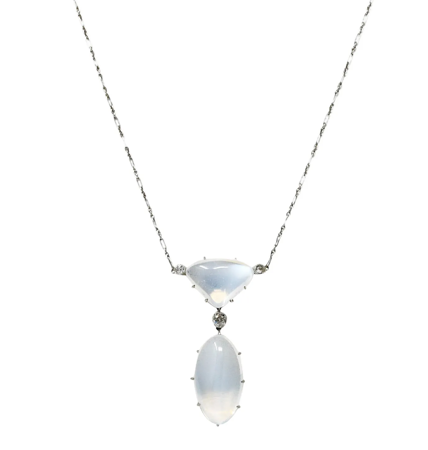 Art Deco Old Mine Diamond Moonstone Platinum Drop Antique Station Necklace