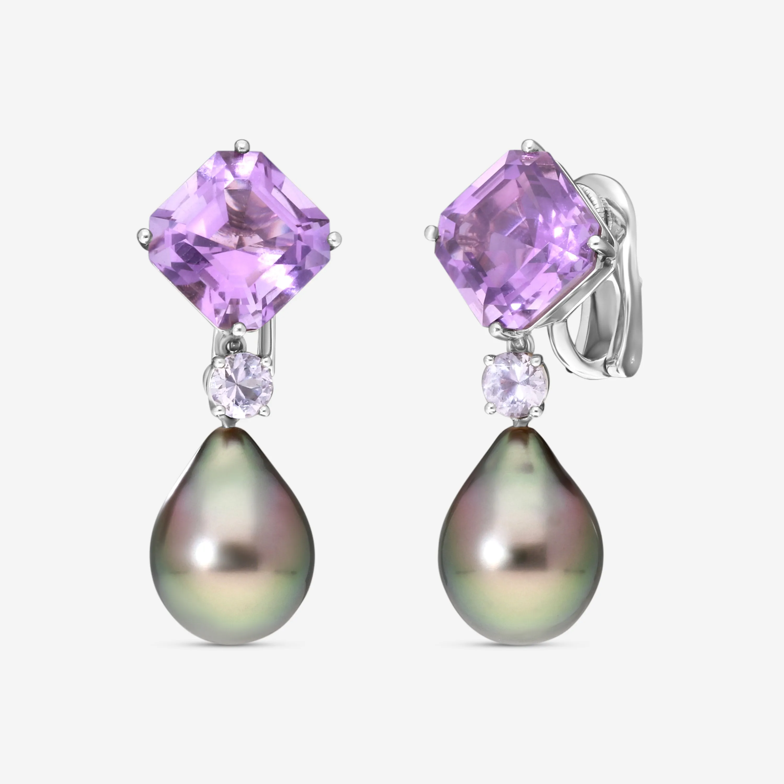 Assael Platinum Amethyst & Tahitian Natural Color Cultured Pearl Detachable Drop Earrings ECO-TAM00004