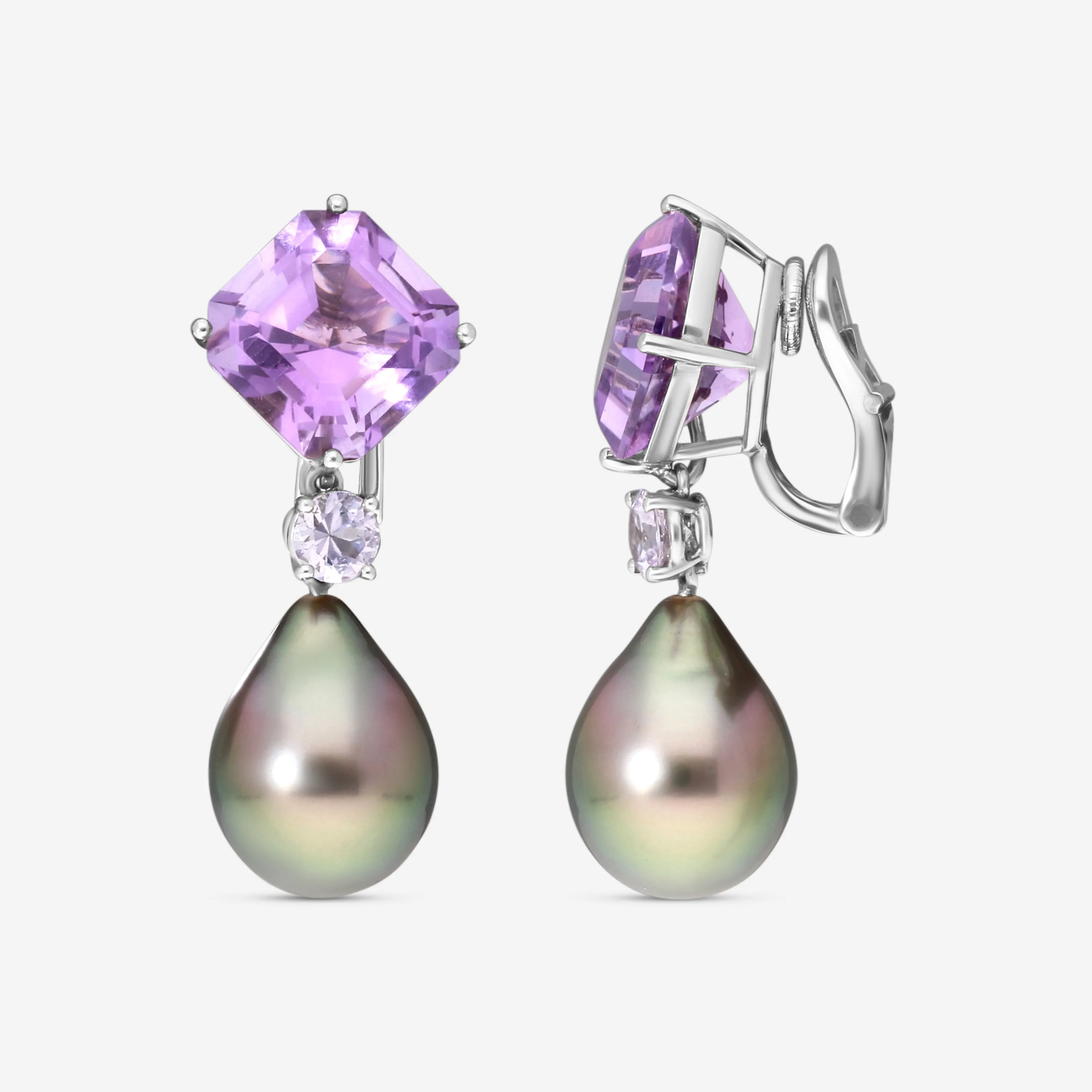 Assael Platinum Amethyst & Tahitian Natural Color Cultured Pearl Detachable Drop Earrings ECO-TAM00004