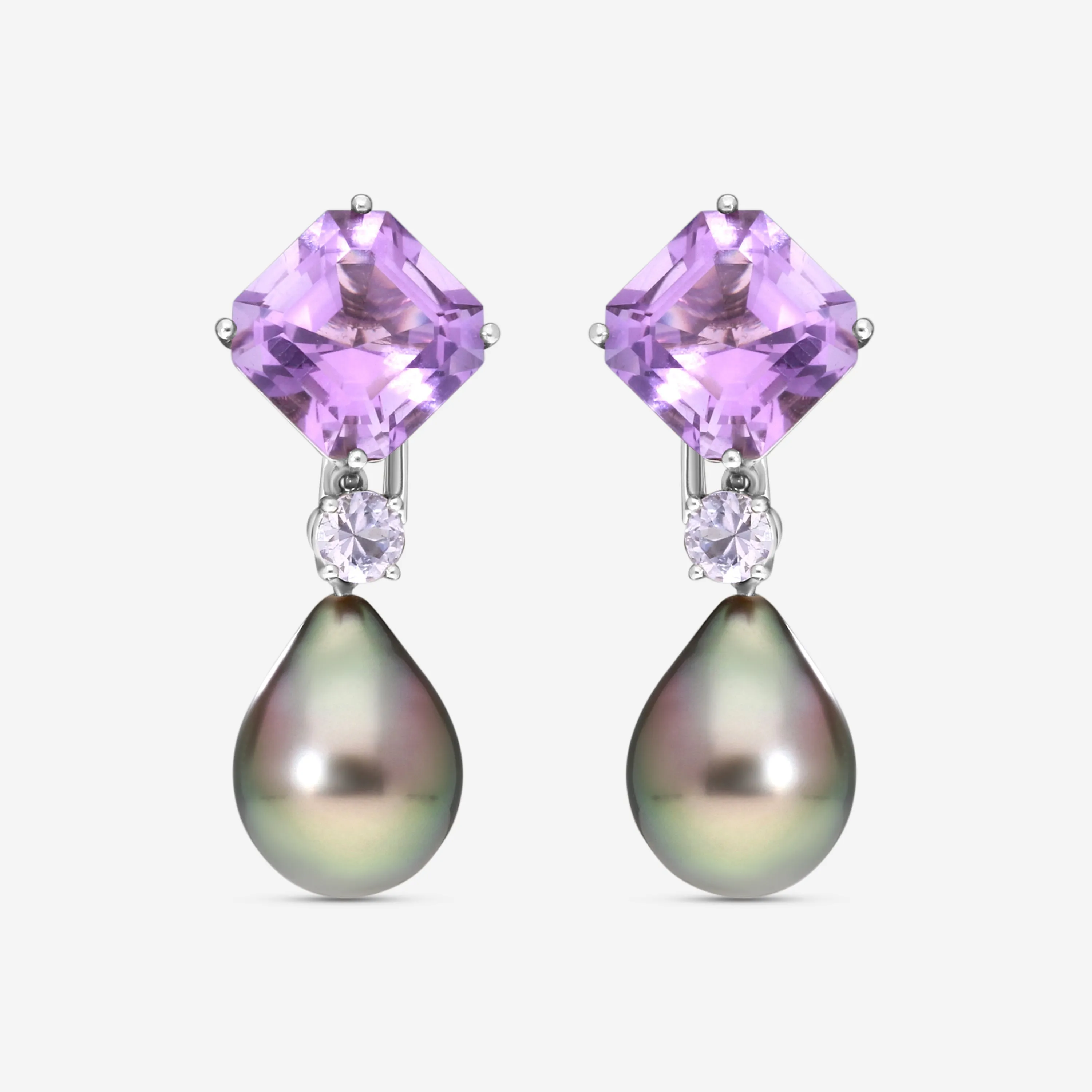 Assael Platinum Amethyst & Tahitian Natural Color Cultured Pearl Detachable Drop Earrings ECO-TAM00004
