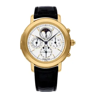 Audemars Piguet Jules Audemars Grande Complication 42mm Men's Watch - Ref: 25866BA.OO.D002CR.01 - White Chronograph Moonphase Dial in 18K Yellow Gold Case, Black Alligator Strap