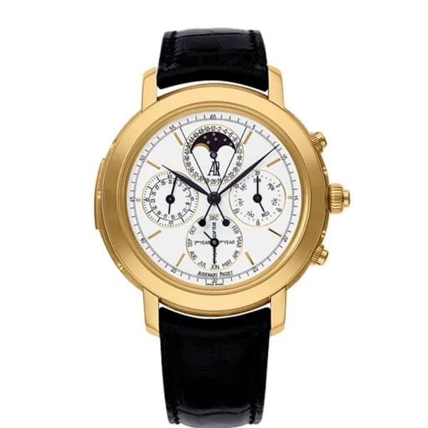Audemars Piguet Jules Audemars Grande Complication 42mm Men's Watch - Ref: 25866BA.OO.D002CR.01 - White Chronograph Moonphase Dial in 18K Yellow Gold Case, Black Alligator Strap