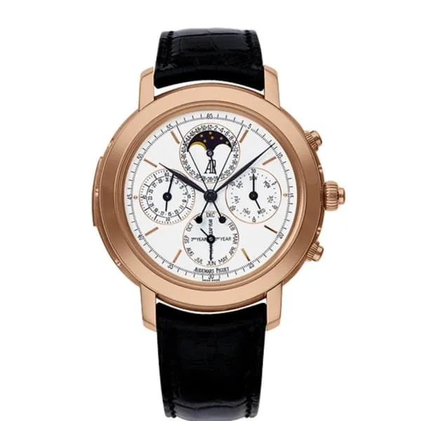 Audemars Piguet Jules Audemars Grande Complication 42mm Men's Watch - Ref: 25866OR.OO.D002CR.01 - White Chronograph Moonphase Dial in 18K Rose Gold Case, Black Alligator Strap