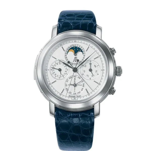 Audemars Piguet Jules Audemars Grande Complication 42mm Men's Watch - Ref: 25866PT.OO.D002CR.01 - White Chronograph Moonphase Dial in 18K White Gold Case, Blue Alligator Strap