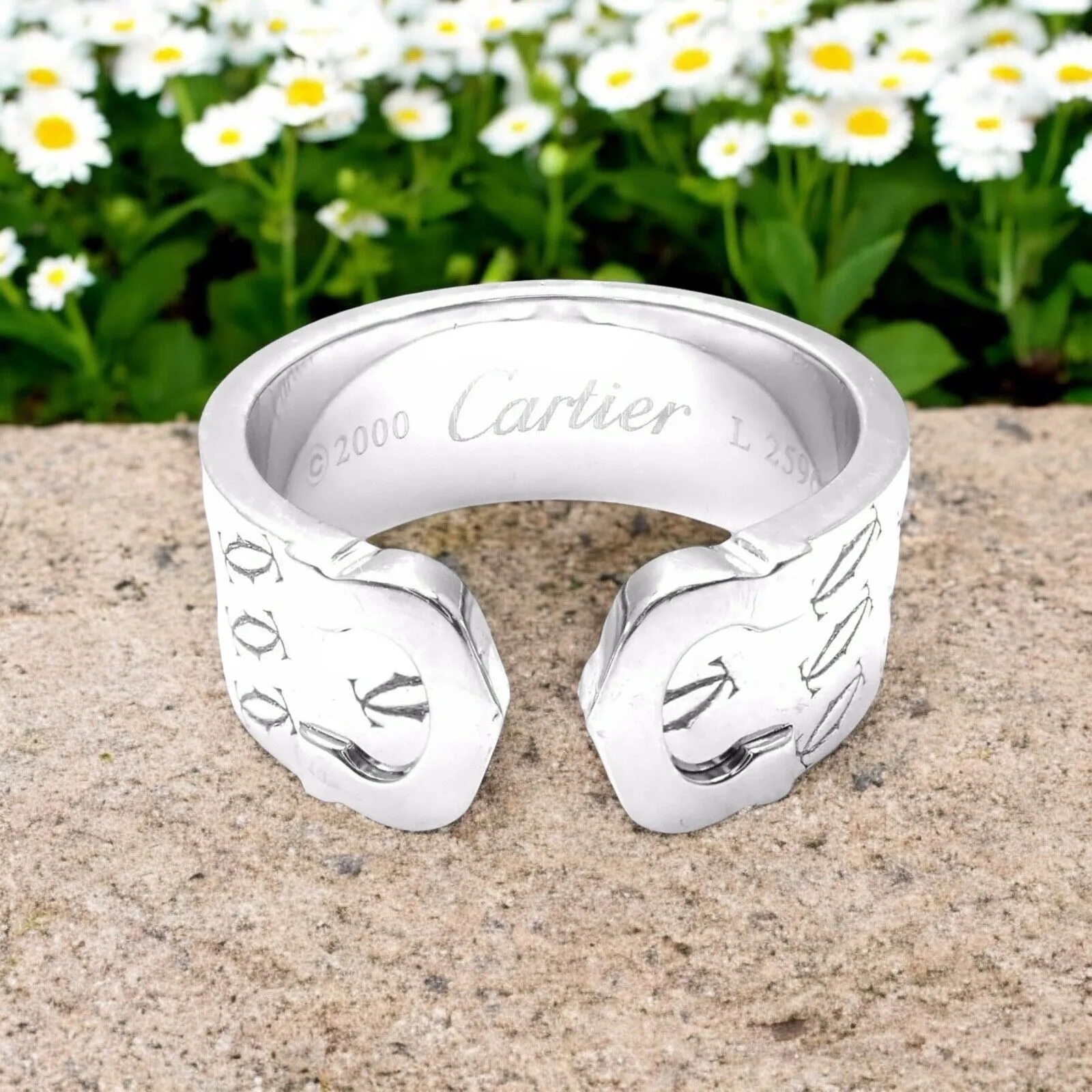 Authentic! Cartier Logo 18k White Gold Double C Motif Monogram Band Ring Sz 6.25