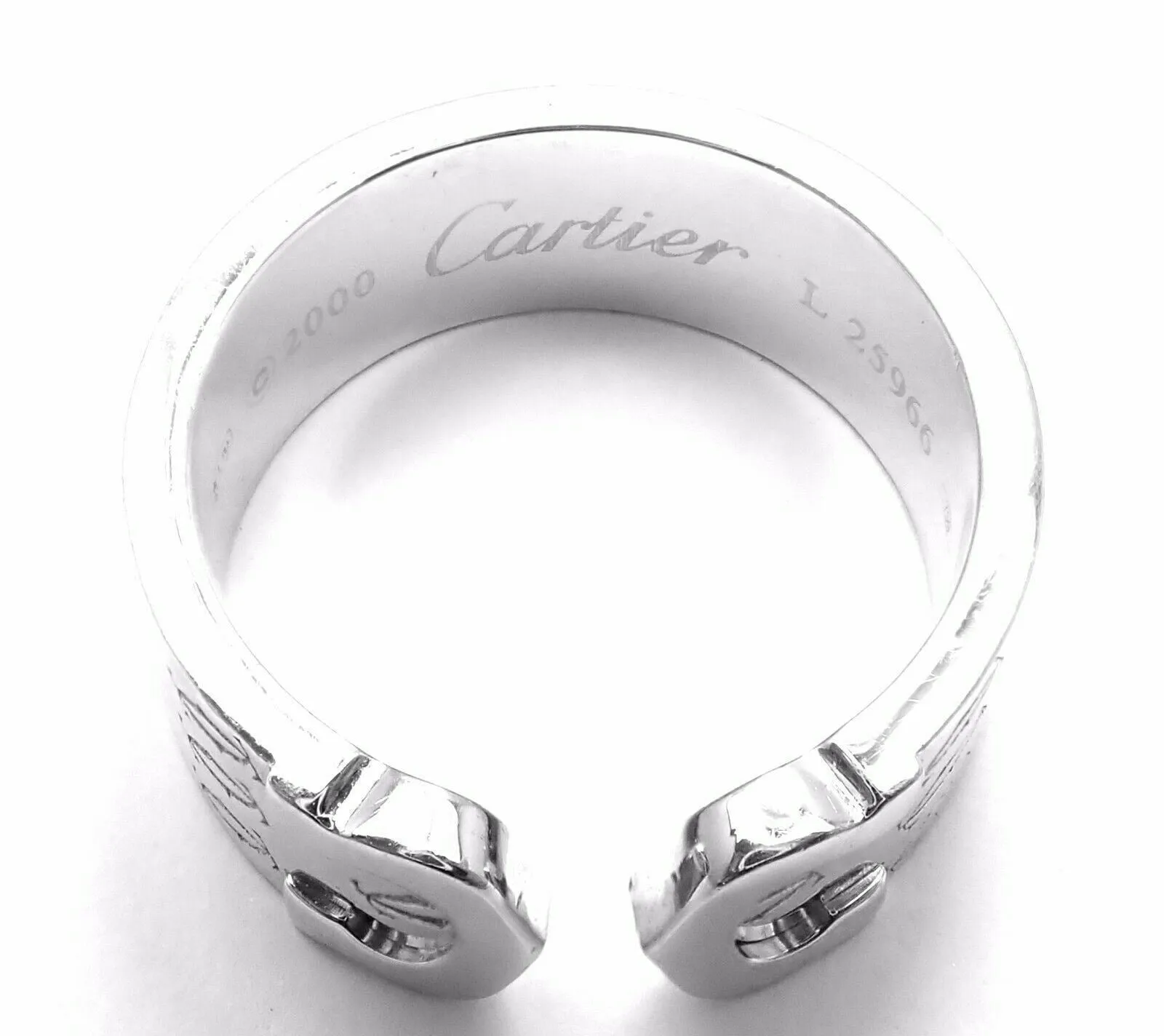 Authentic! Cartier Logo 18k White Gold Double C Motif Monogram Band Ring Sz 6.25