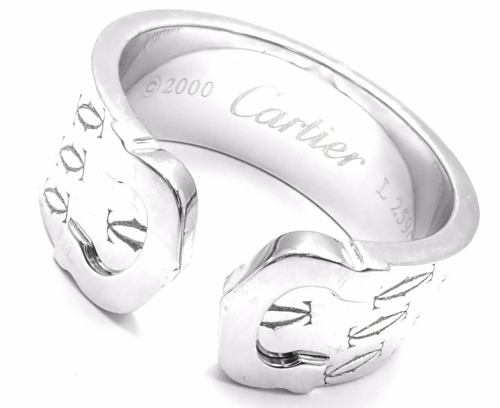 Authentic! Cartier Logo 18k White Gold Double C Motif Monogram Band Ring Sz 6.25