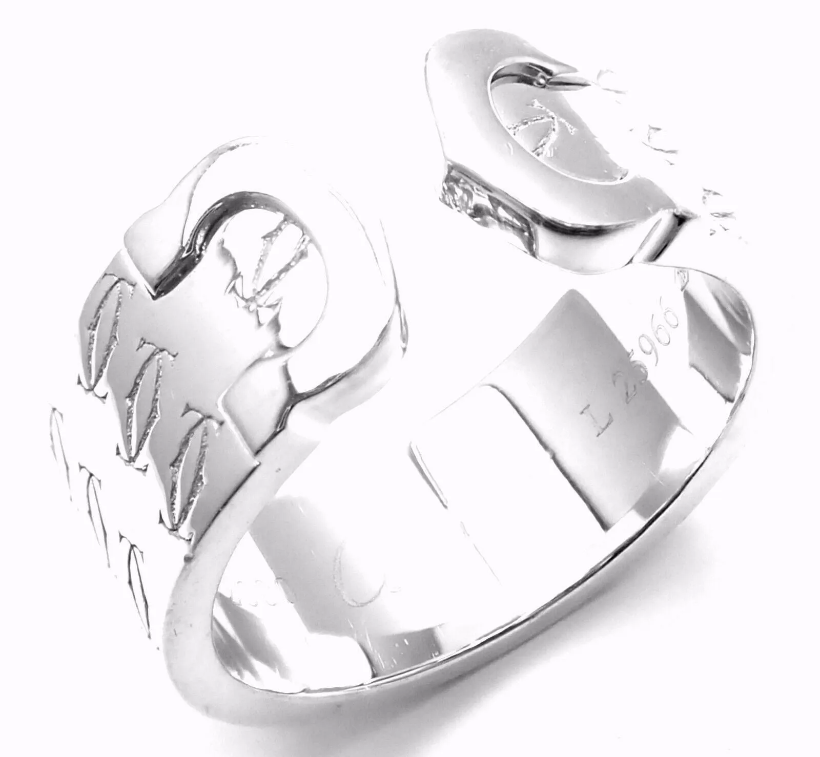 Authentic! Cartier Logo 18k White Gold Double C Motif Monogram Band Ring Sz 6.25
