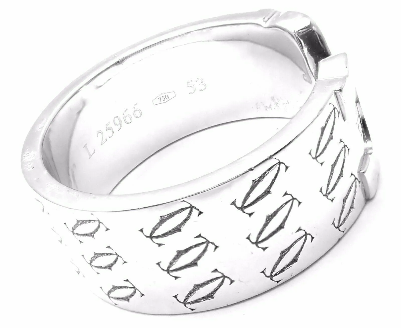 Authentic! Cartier Logo 18k White Gold Double C Motif Monogram Band Ring Sz 6.25