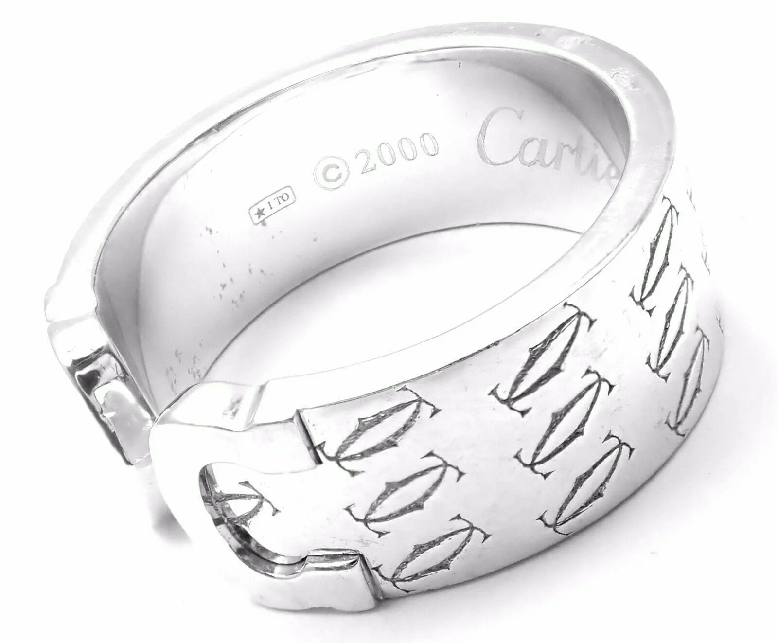 Authentic! Cartier Logo 18k White Gold Double C Motif Monogram Band Ring Sz 6.25
