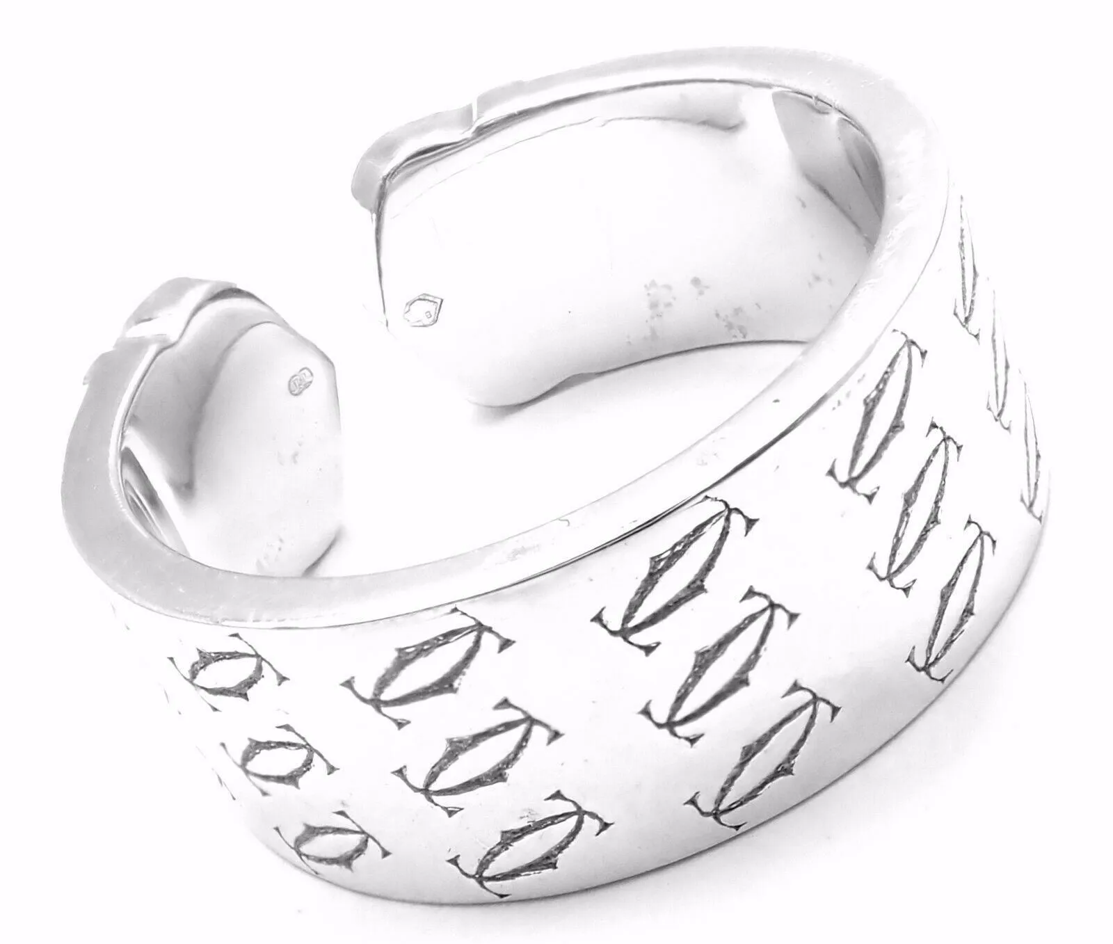 Authentic! Cartier Logo 18k White Gold Double C Motif Monogram Band Ring Sz 6.25