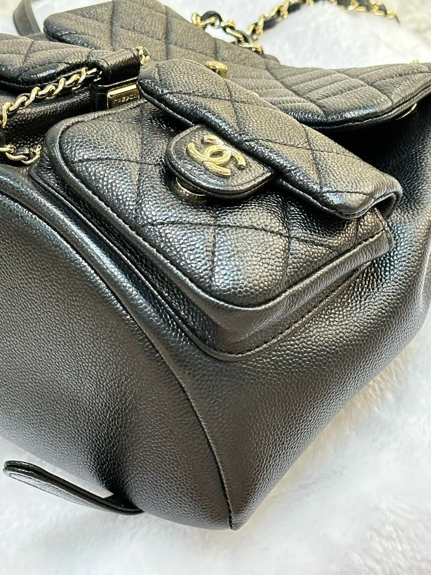 Chanel 23P Small Shiny Caviar Quilted Duma Pockets Drawstring Backpack Black GHW