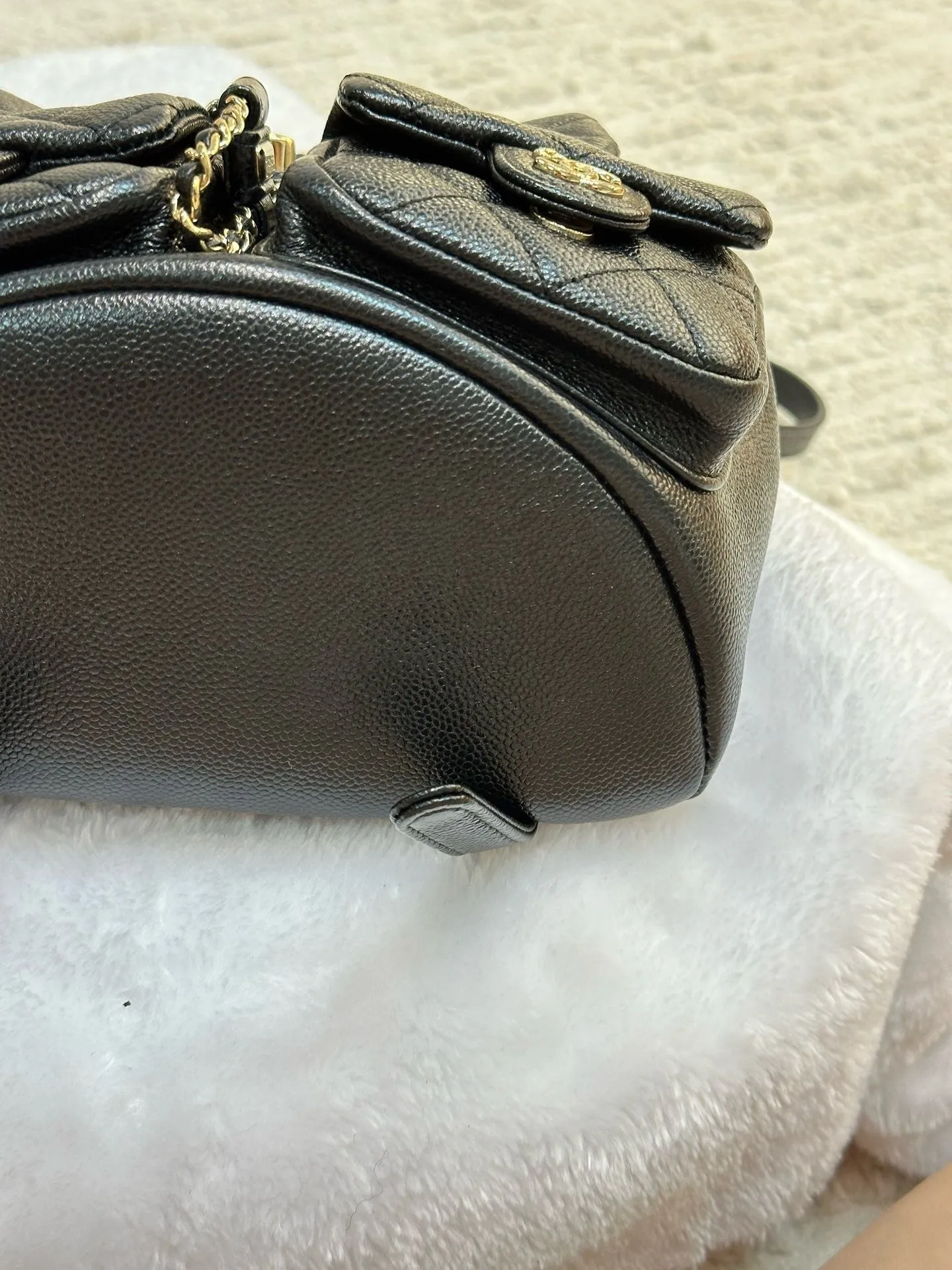 Chanel 23P Small Shiny Caviar Quilted Duma Pockets Drawstring Backpack Black GHW