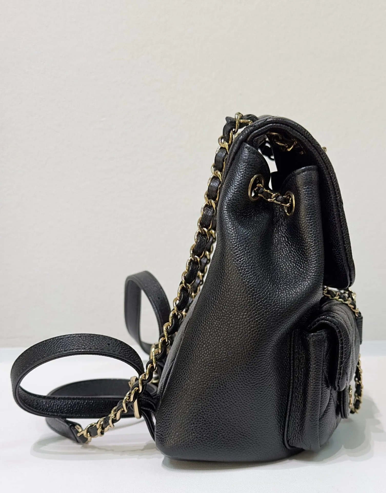 Chanel 23P Small Shiny Caviar Quilted Duma Pockets Drawstring Backpack Black GHW