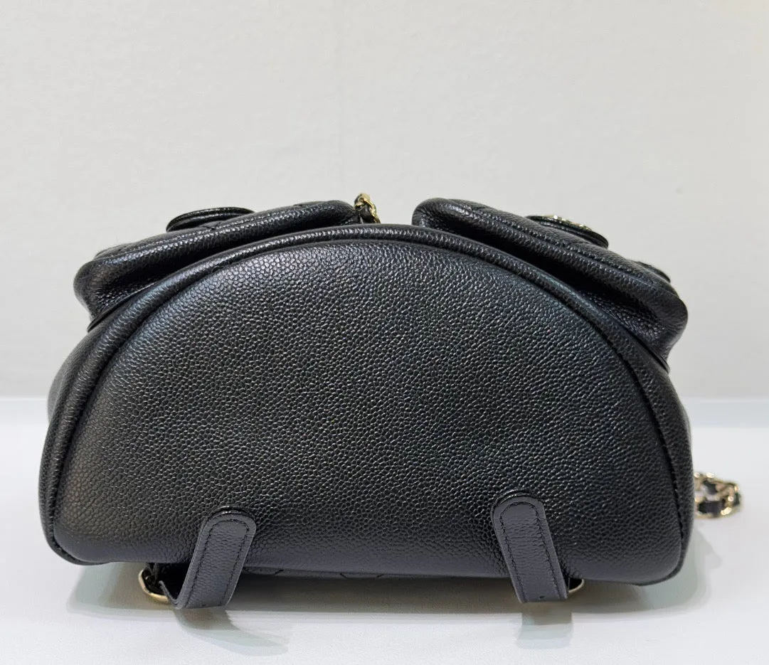 Chanel 23P Small Shiny Caviar Quilted Duma Pockets Drawstring Backpack Black GHW