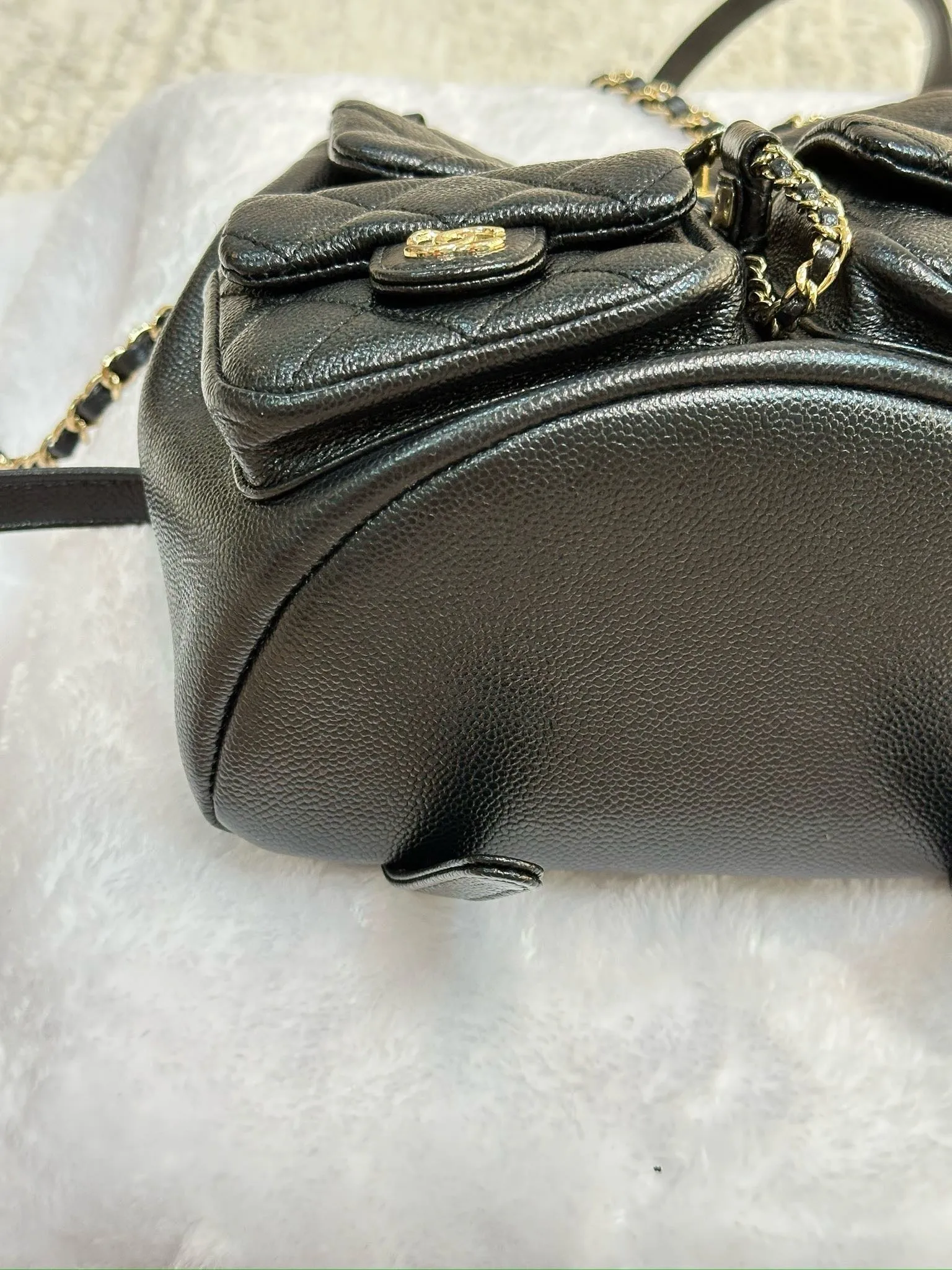 Chanel 23P Small Shiny Caviar Quilted Duma Pockets Drawstring Backpack Black GHW