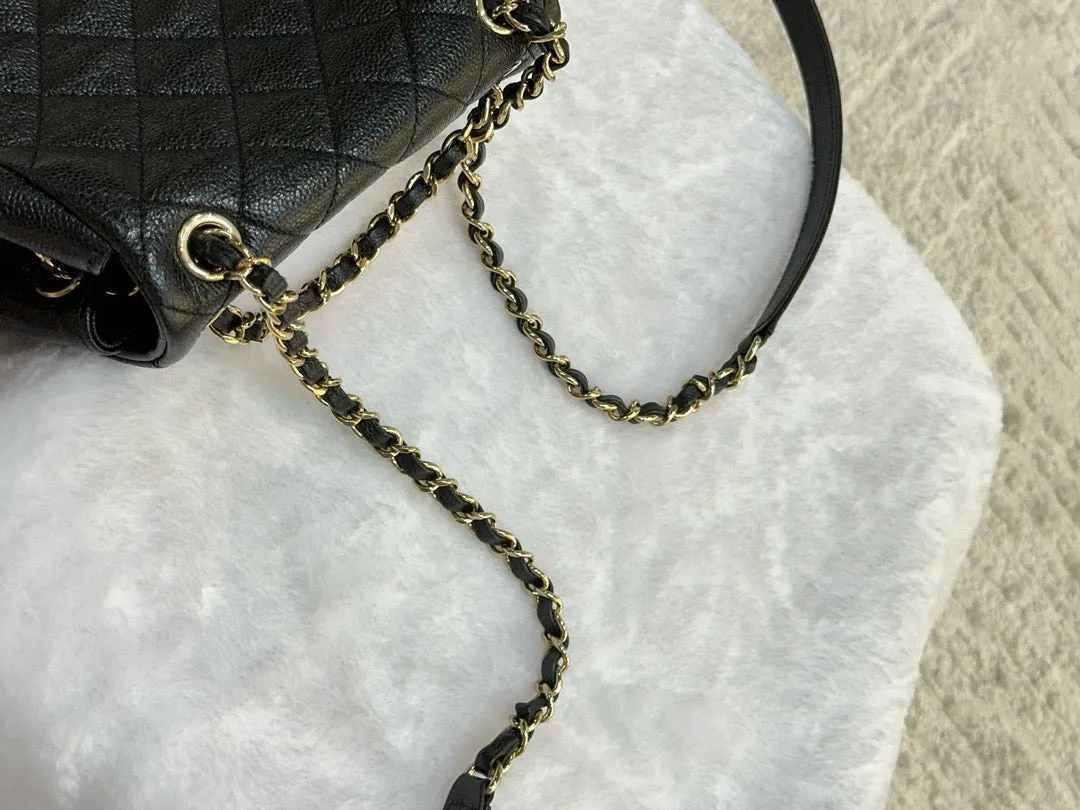 Chanel 23P Small Shiny Caviar Quilted Duma Pockets Drawstring Backpack Black GHW